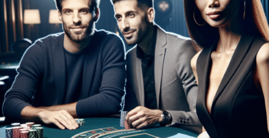 Moderni live-kasino-studio: jakaja pöydän äärellä, pelaajia hämärässä taustassa, dynaaminen valaistus ja korkealaatuinen videolähetys, ammattimainen tunnelma