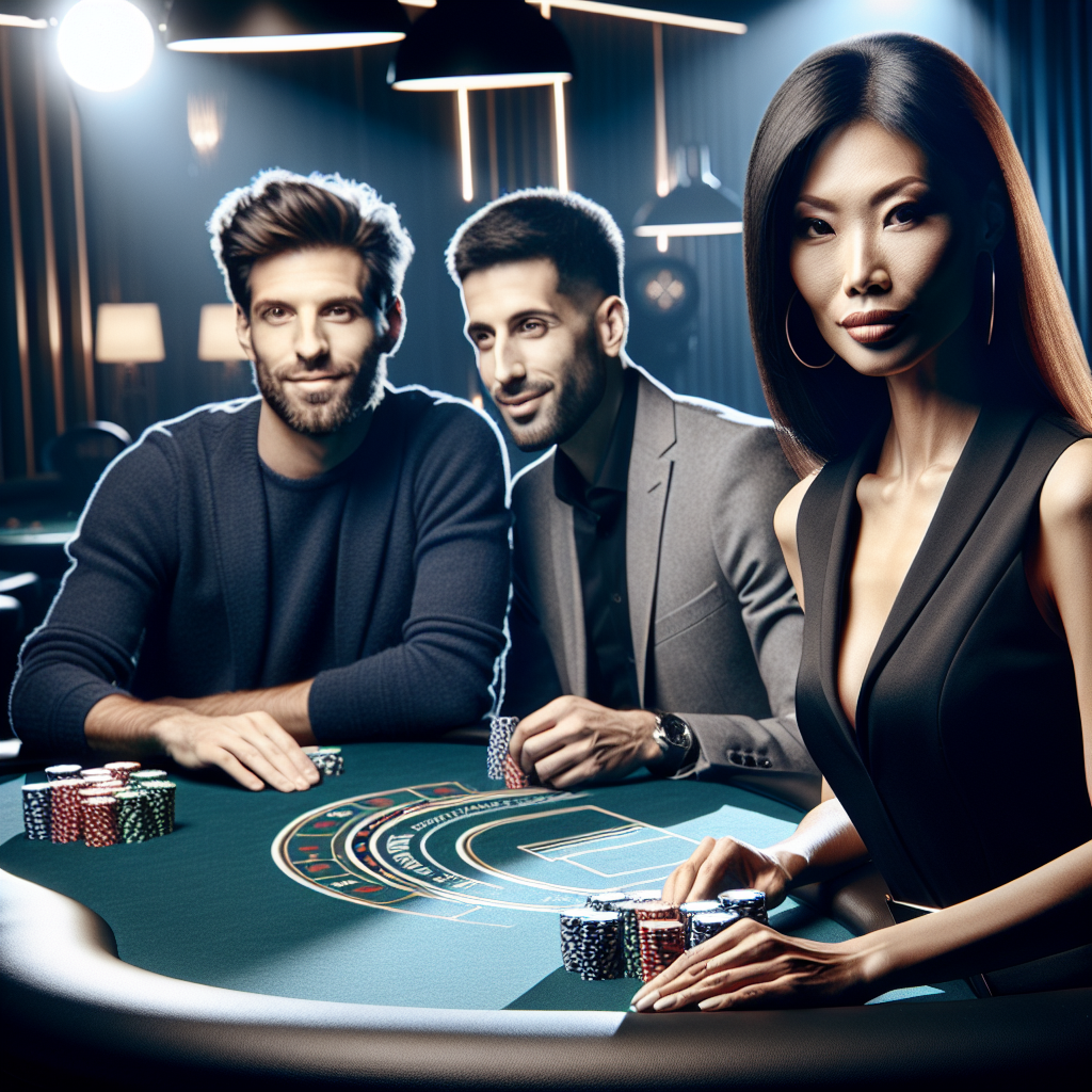 Moderni live-kasino-studio: jakaja pöydän äärellä, pelaajia hämärässä taustassa, dynaaminen valaistus ja korkealaatuinen videolähetys, ammattimainen tunnelma