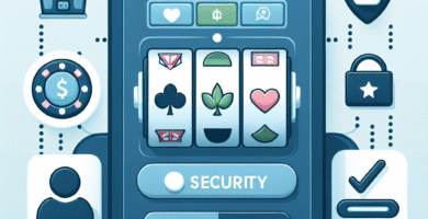 Moderni nettikasino-aiheinen kuva: mobiililaite, peliautomaatit, turvallisuuskuvakkeet ja vastuullinen pelaaminen - skandinaavinen, selkeä tyyli