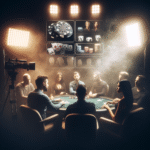 Moderni live-pokeriympäristö: lähetysvalo, pelipöytä, pelikortit, virtuaalinen stream-UI ja pelaajien hämärät siluetit, tunnelmallinen ja ammattimainen