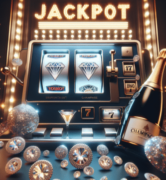 Tyylikäs kasinoaiheinen kuva: kolikkopelin kelat, kimaltava timantti- tai samppanjateema ja nouseva jättipotti-ilmaus, moderni ja puhdas visuaali
