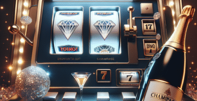 Tyylikäs kasinoaiheinen kuva: kolikkopelin kelat, kimaltava timantti- tai samppanjateema ja nouseva jättipotti-ilmaus, moderni ja puhdas visuaali