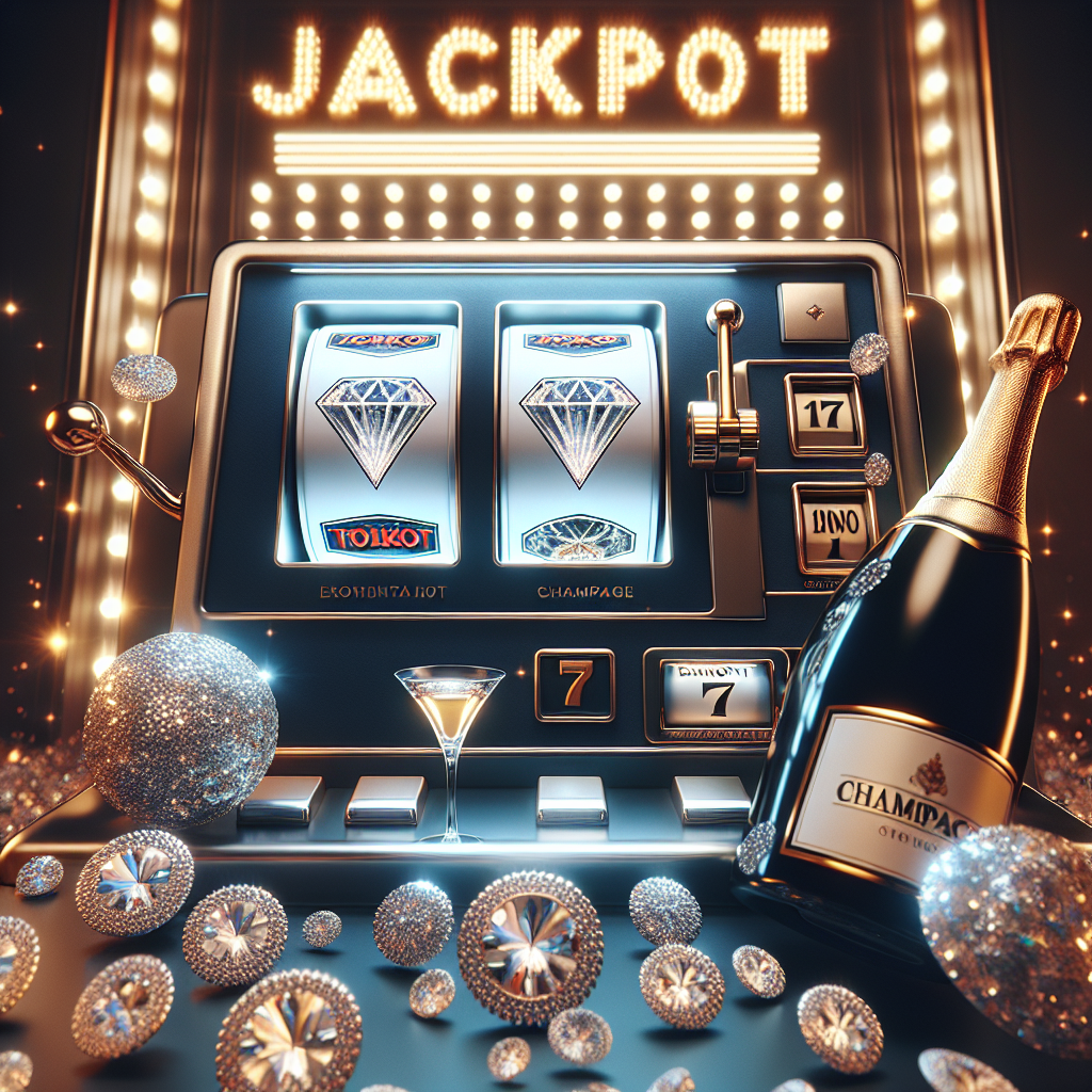 Tyylikäs kasinoaiheinen kuva: kolikkopelin kelat, kimaltava timantti- tai samppanjateema ja nouseva jättipotti-ilmaus, moderni ja puhdas visuaali