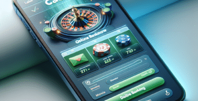 Moderni ja selkeä kuva: mobiililaite, joka näyttää nettikasinon pelinäkymän ja verkkopankin vahvistusikkunan, tyylikäs sinivihreä värimaailma