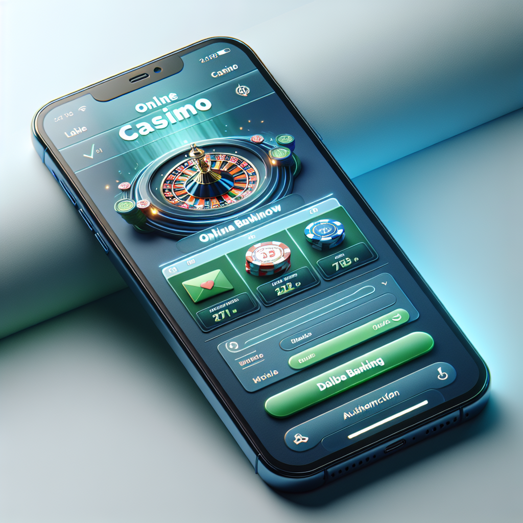 Moderni ja selkeä kuva: mobiililaite, joka näyttää nettikasinon pelinäkymän ja verkkopankin vahvistusikkunan, tyylikäs sinivihreä värimaailma