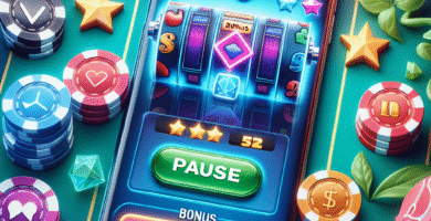 Moderni ja kirkas kuva uudesta online-kasinosta: mobiililaitteen näyttö, pelimerkit, bonuselementtejä ja vastuullisen pelaamisen symboli (esim. tauko-ikoni)