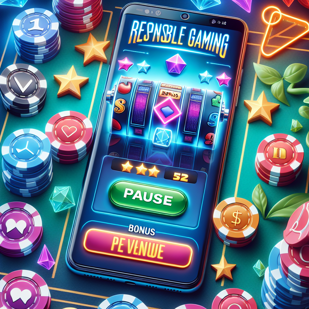 Moderni ja kirkas kuva uudesta online-kasinosta: mobiililaitteen näyttö, pelimerkit, bonuselementtejä ja vastuullisen pelaamisen symboli (esim. tauko-ikoni)