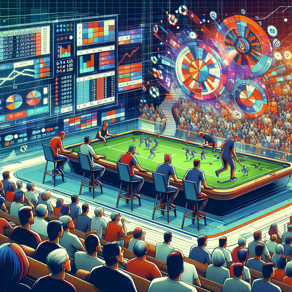 Moderni kuva vedonlyöntiturnauksesta: kilpailevia pelaajia, grafiikoita ja tilastoja näytöillä, dynaaminen ja selkeä visuaalinen tyyli